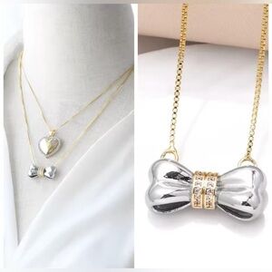 14K Gold & Silver Bow Tie Ribbon Necklace With Diamond Accents